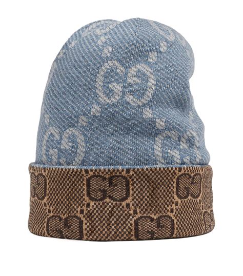 Reversible GG wool hat in beige and turquoise 